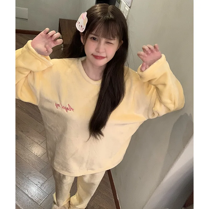 

Women's Pajama Set Plus Size Loungewear Flannel Nightgown Suit Autumn Winter Girl's Student Solid Color Round Neck Sleepcoat