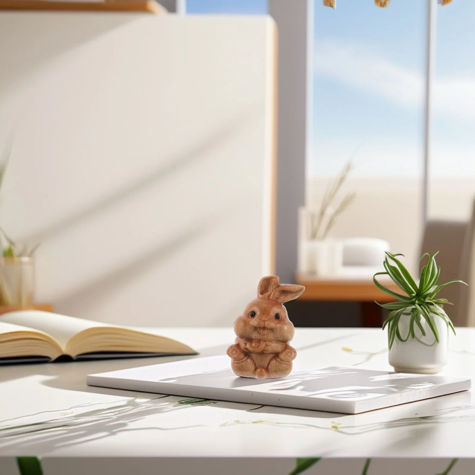 

Cute Wooden Rabbit Ornament Hand Carved Animal Sculpture Adorable Bunny Decor for Office Home Desktop Wooden Rabbit