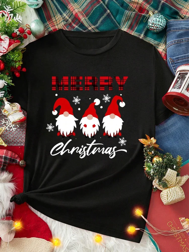 Frohe Weihnachten Gnome Und die schneemann T-Shirt für Frauen Lose Rundhals Kurzarm Weibliche T-shirt Tops Casual Harajuku T-shirt