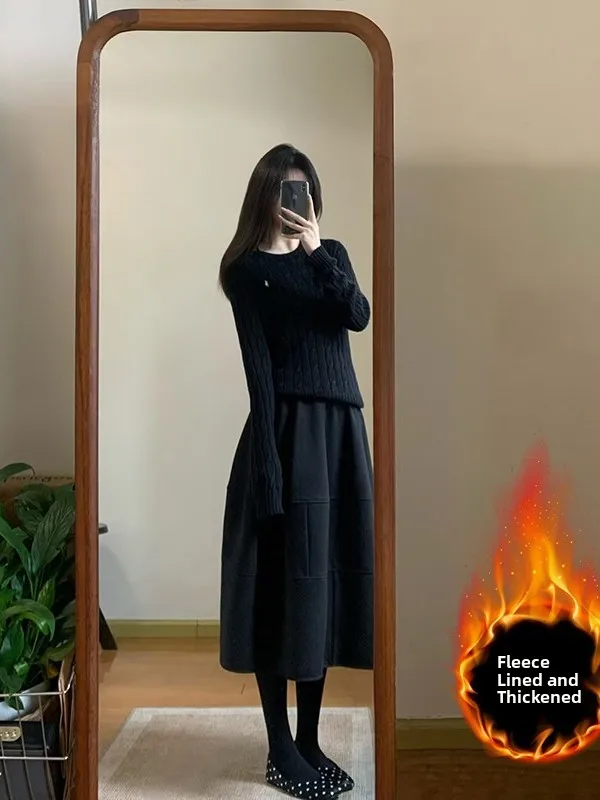 

Юбка трапециевидной формы с высокой талией и цветочным пышным рисунком, корейская зимняя повседневная шерстяная юбка средней длины для женщин больших размеров