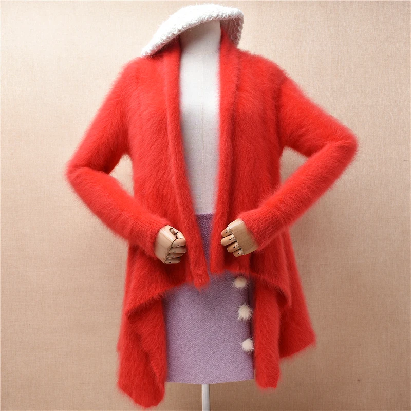 Ladies Women Fall Winter Clothing Red Hairy Mink Cashmere Knitted Long Sleeves Loose Cardigans Mantle Angora Fur Jacket Sweater