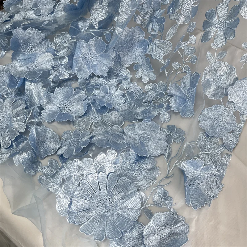 3D Sunflower lace fabric Embroidery Light Blue Mesh lace for Sewing Evening Princess Banquet Wedding Party Bridal Dress Design