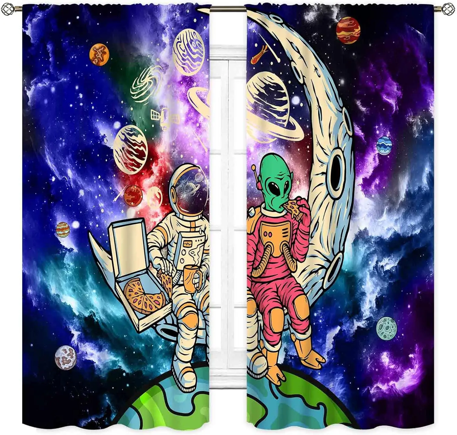 Universe Curtains for Boys Room, Kids Teens Galaxy Space Planet Astronaut Alien Purple Outer Space Nebula Funny Kids Window
