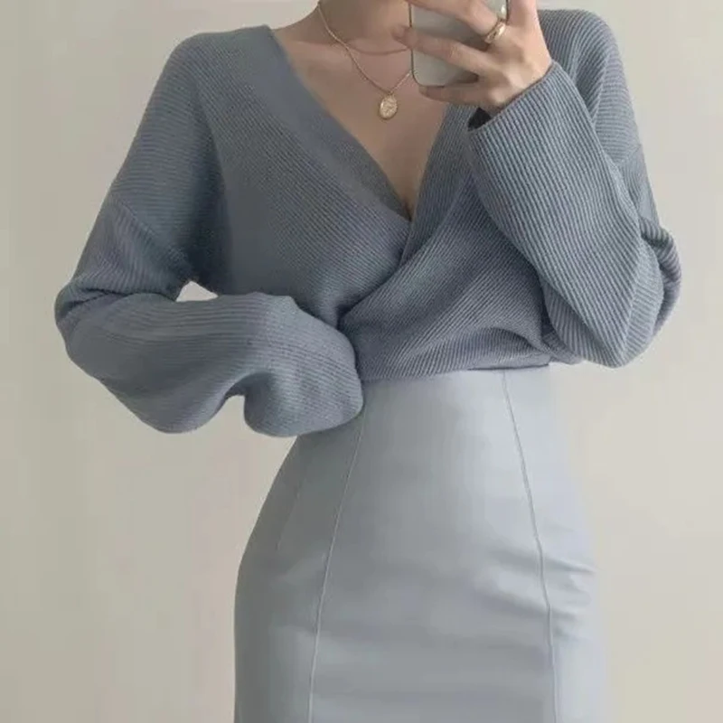 

Chic V Neck Knitted Sweaters Women Irregular Cross Long Sleeve Office Lady Pullovers Fall Winter Korean Slim Fit Casual New Tops