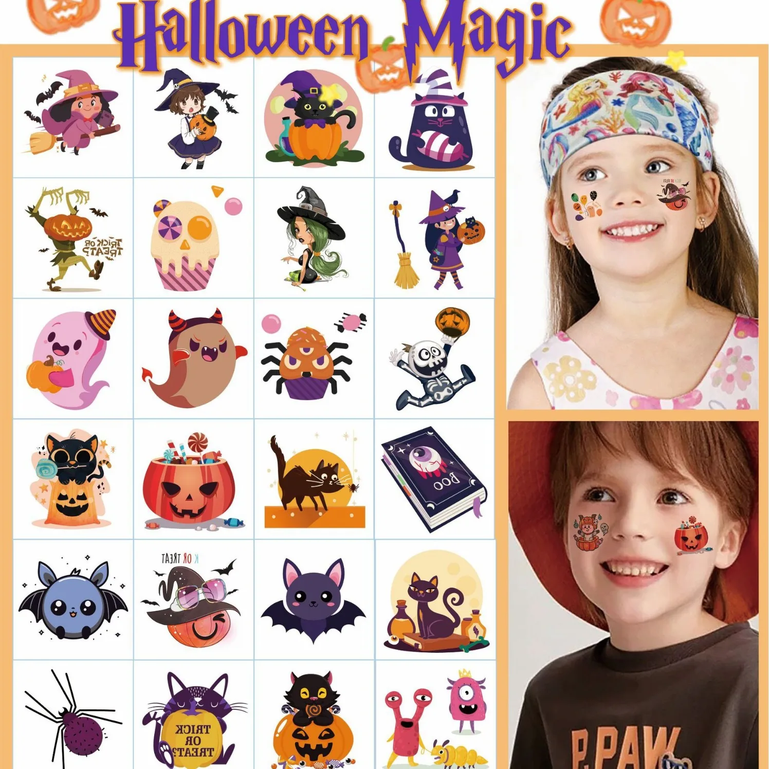 30pcs Halloween Temporary Tattoo Sticker for Kids Cartoon Waterproof Non-Toxic Pumpkin Ghost Bat Tattoos Party Favors Toys Gifts