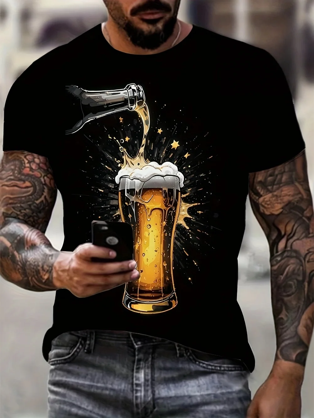It's Beer Time Men's Beer Print T-Shirt Crew Neck Machine Washable Summer Short Sleeve Tee Parties Everyday Outfits Male Clothes