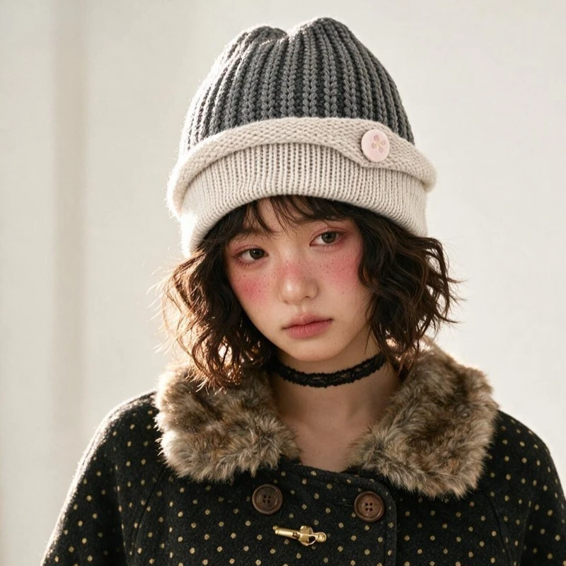 Japanese Retro Irregular Flap Button Design Pullover Knitted Hat Men and Women Winter Warmth Ear Protection Skull Beanie Caps