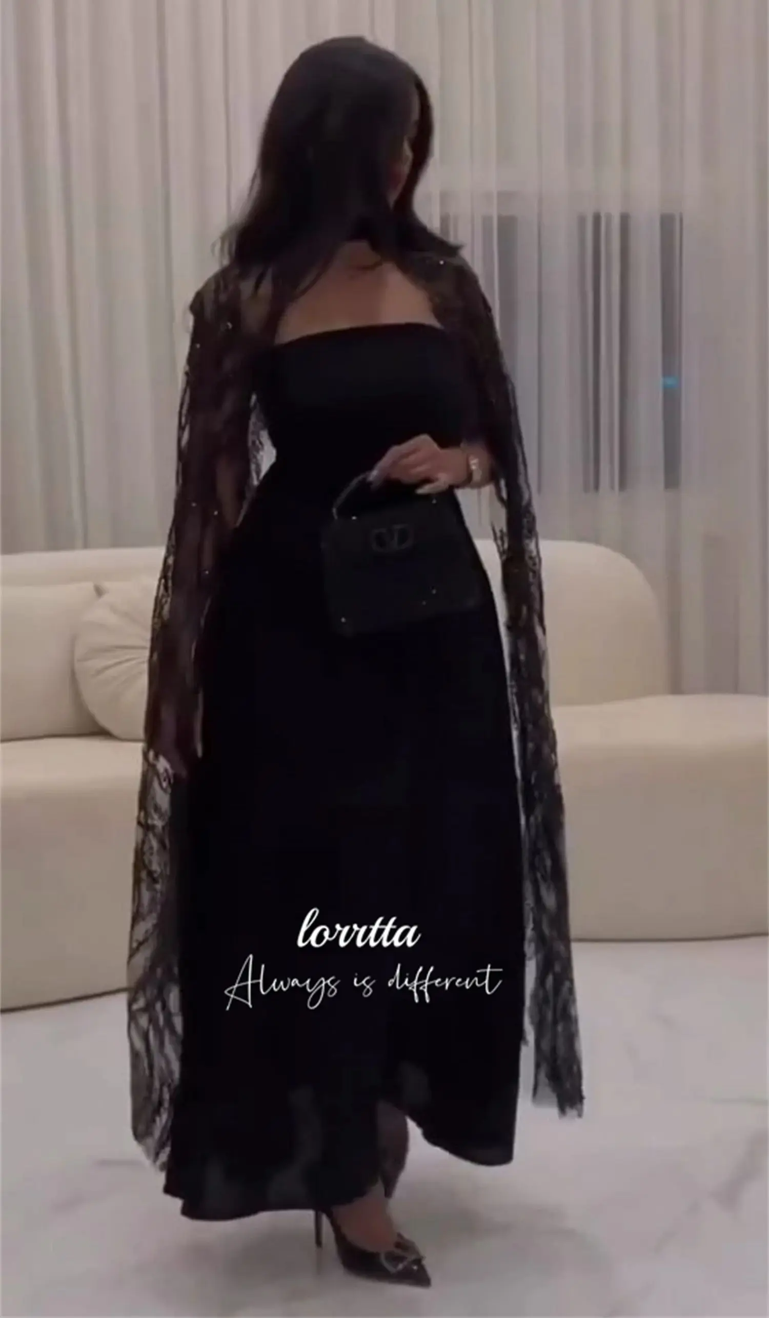 Lorrtta Luxurious Black Chiffon Straight Line Beaded Fabric Shawl Eid Dress Party Evening Dresses Gala Robe Soiree De Luxe 2024