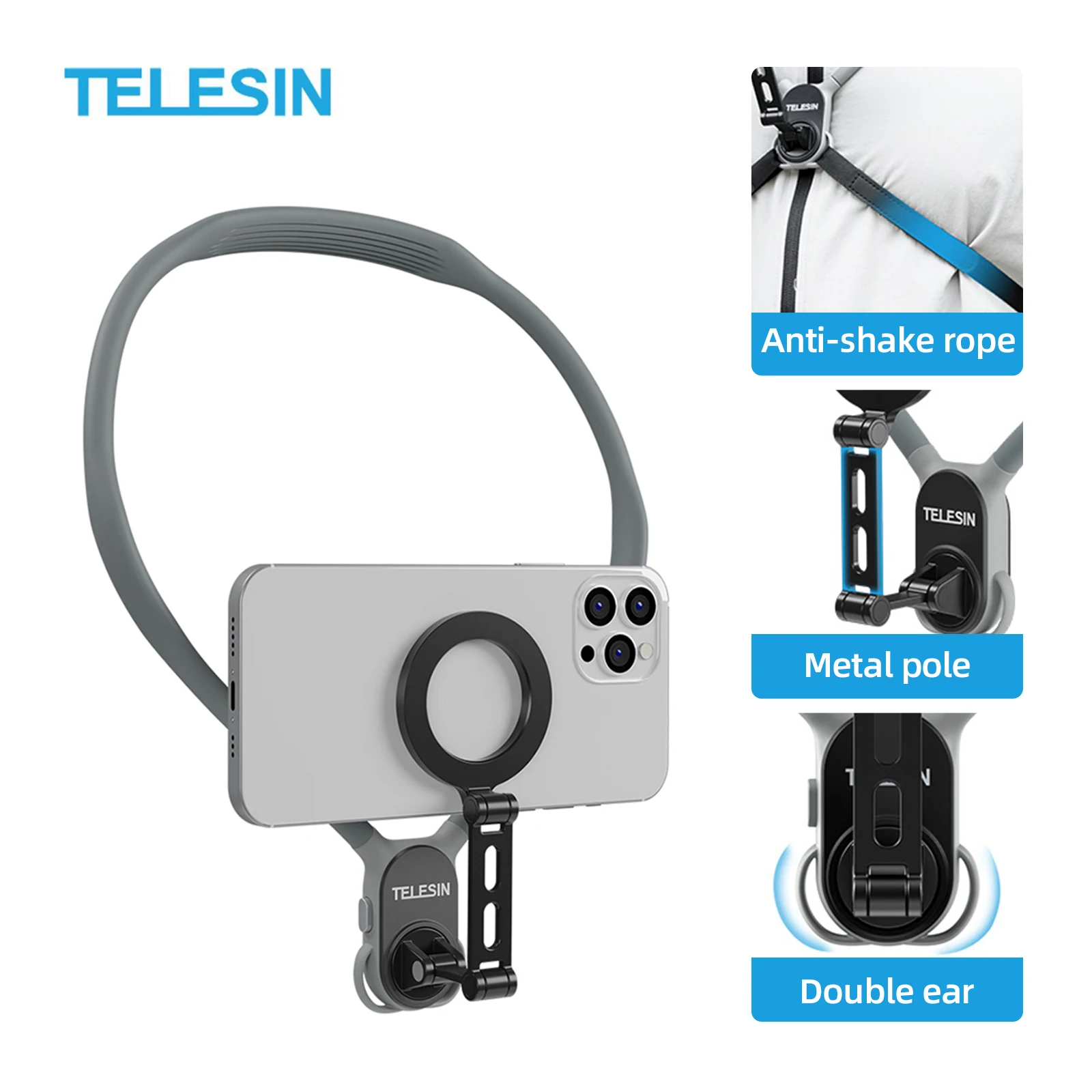 TELESIN Neck Phone Holder Silicone Magnetic Neck Mount Quick Release Hold for Iphone 15 14 13 12 11 SAMSUNG HUAWEI XIAOMI Phone
