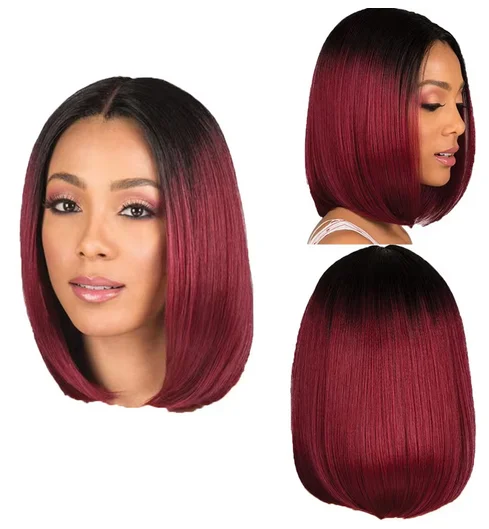 Dyed midsection wig female short straight hair black gradient Burgundy Bob synthetic fiber high temperature silk full head cover