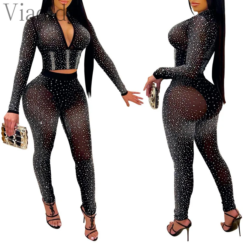 Women Sexy Two-Pieces Mock Neck Rhinestone Front Zipper Long Sleeve Crop Top And High Waist Skinny Pants Set