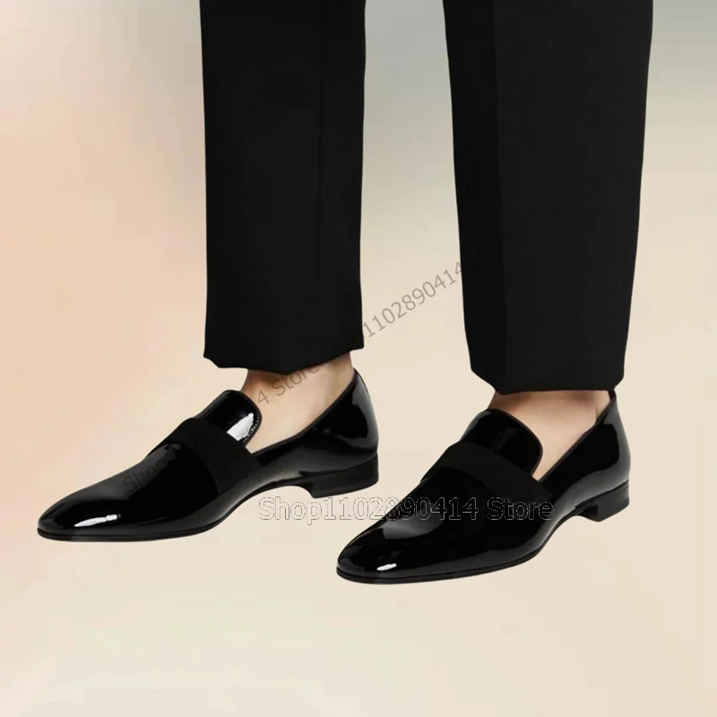 Mocassins de couro preto dos homens, decoração Riband, deslizamento sobre sapatos, artesanal, festa, banquete, escritório, vestido de homens, moda,