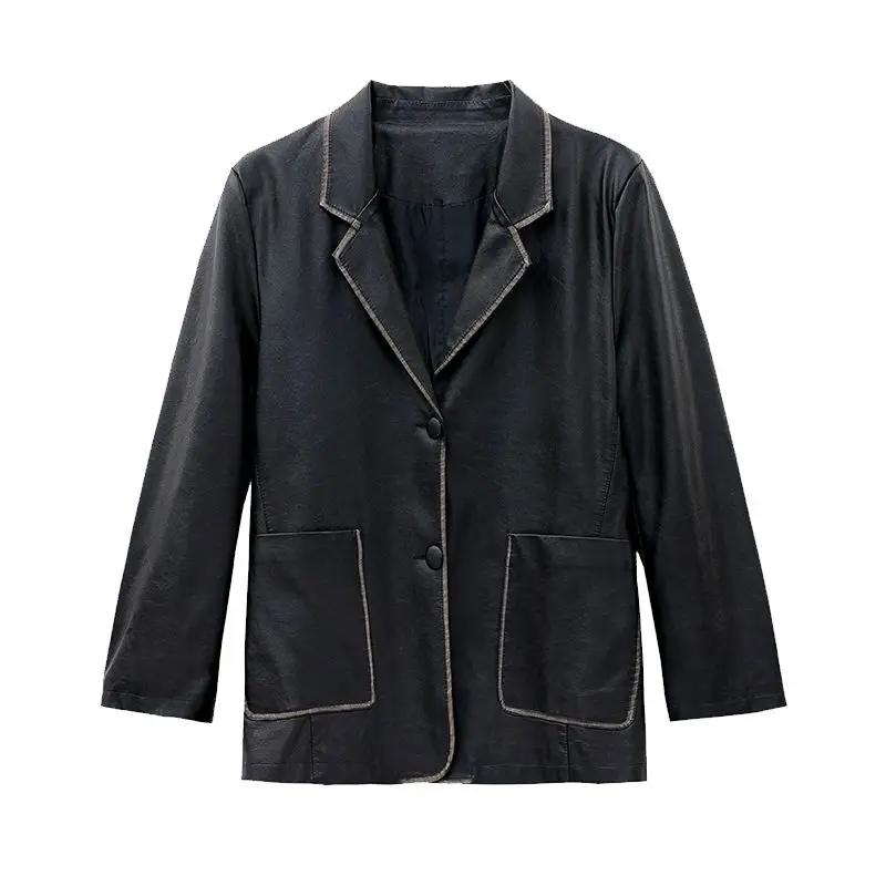 Women's Spring Autumn Leather Jacket Outerwear Tops Suit Collar Vintage Button Loose Line Sense Fashion Premium Design Leisure