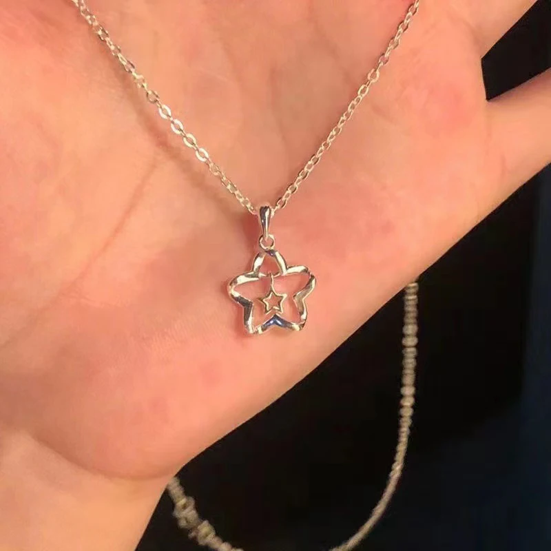 Fashion Y2k Hollow Out Alloy Stars Pendant Necklace For Girl Silver Color Simple Necklace Women Trendy Party Jewelry
