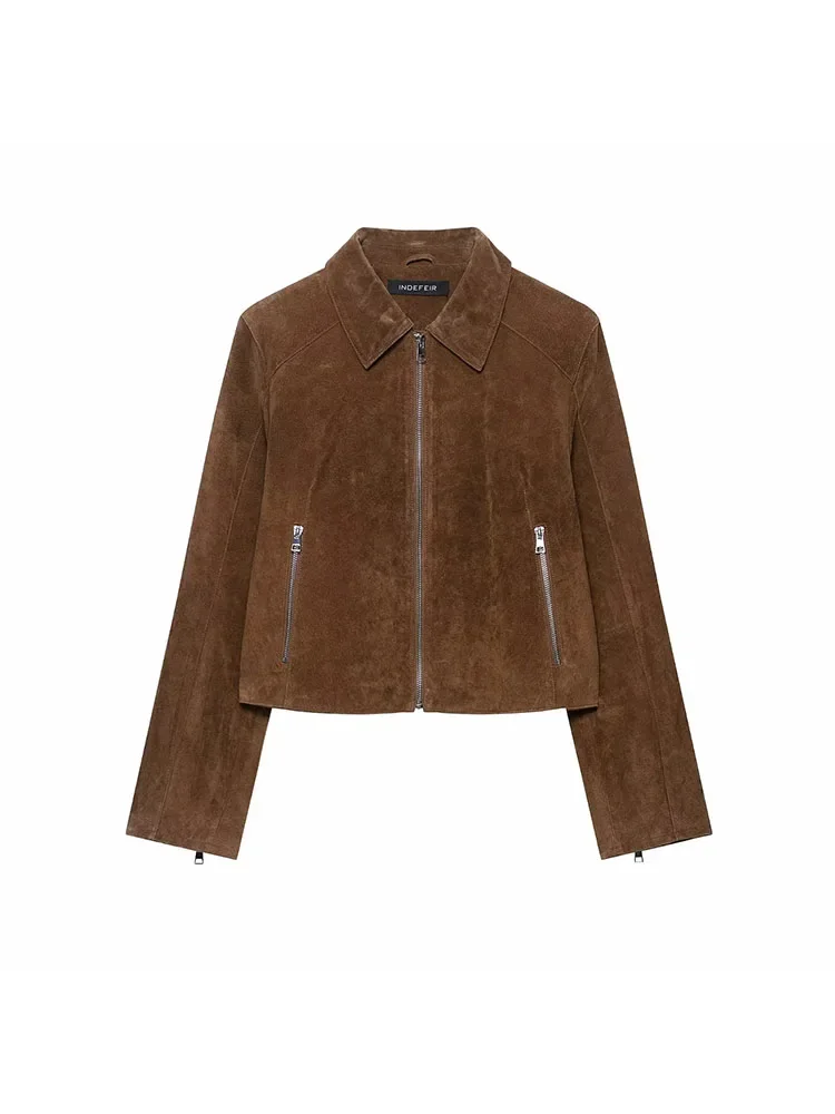 

Lady Streetwear Women's 2025 Autumn New Vintage Suede Women Short Jacket Lapel Long Sleeve Zippers Female Outwear Elegant
