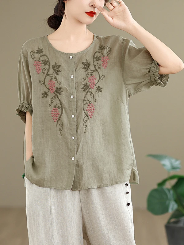 

Retro Embroidered round Neck Loose T-Shirt Wide Leg Pants Set Summer Fashion Ensemble Women's Comfortable Breathable Clothing