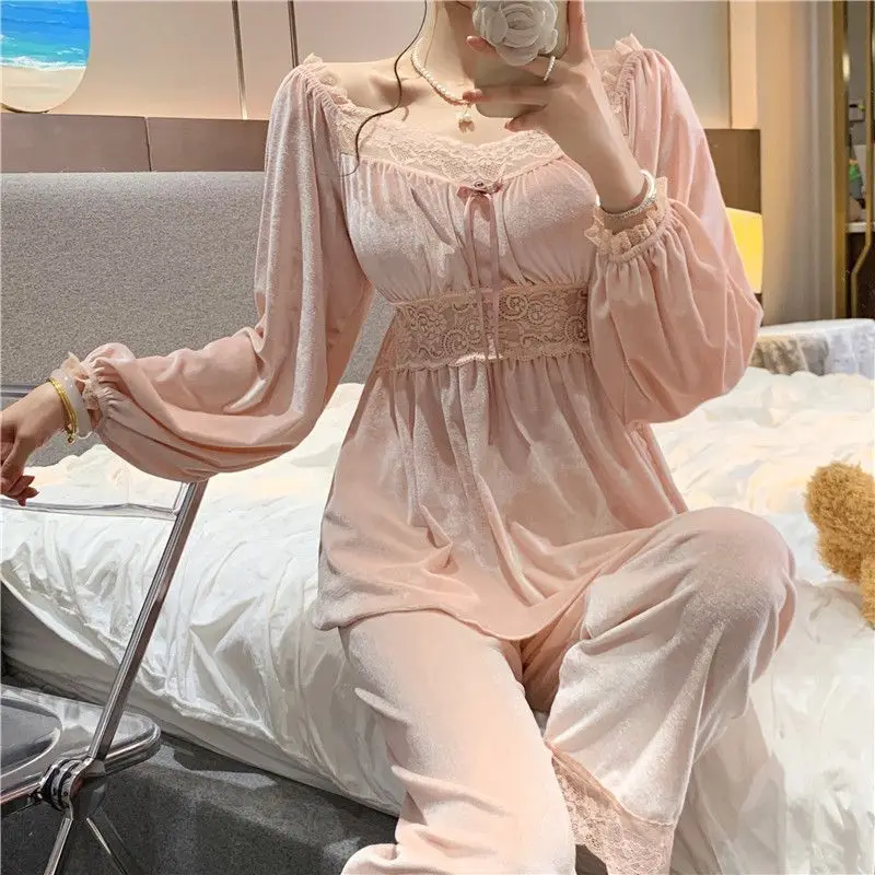 Pajama Female Autumn Winter Sexy Lace Patchwork Palace Princess Style Home Dress Set Can Worn Outside with Breast Cushion Canary