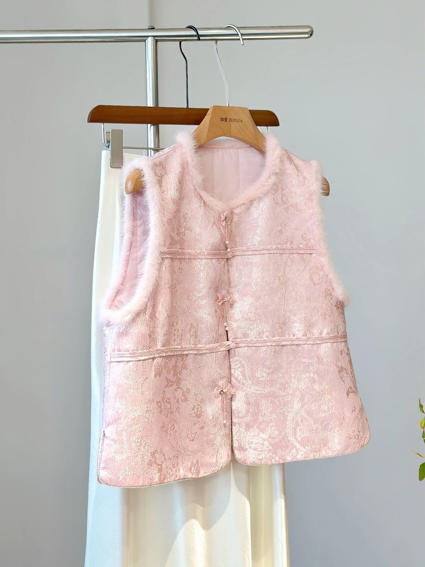 Pink New Chinese Jacquard Vest Women's Quilted Outer Wear High-Grade Young and Beautiful American Style