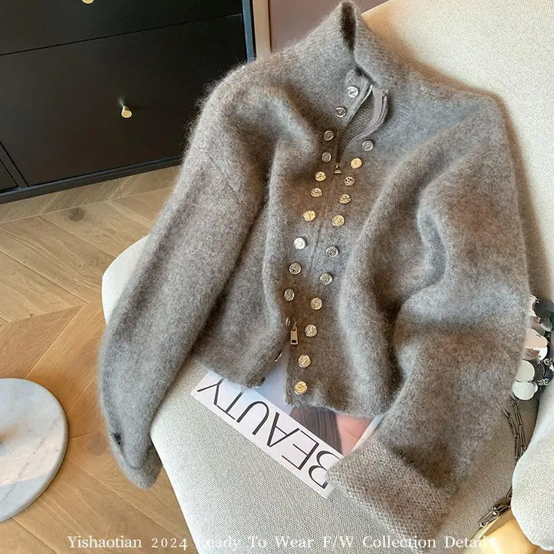 

Autumn and Winter Fashion New Women's High-end Elegant Knitted Warm Stand Collar Zipper Thick Cashmere Cardigan Sweater Tops