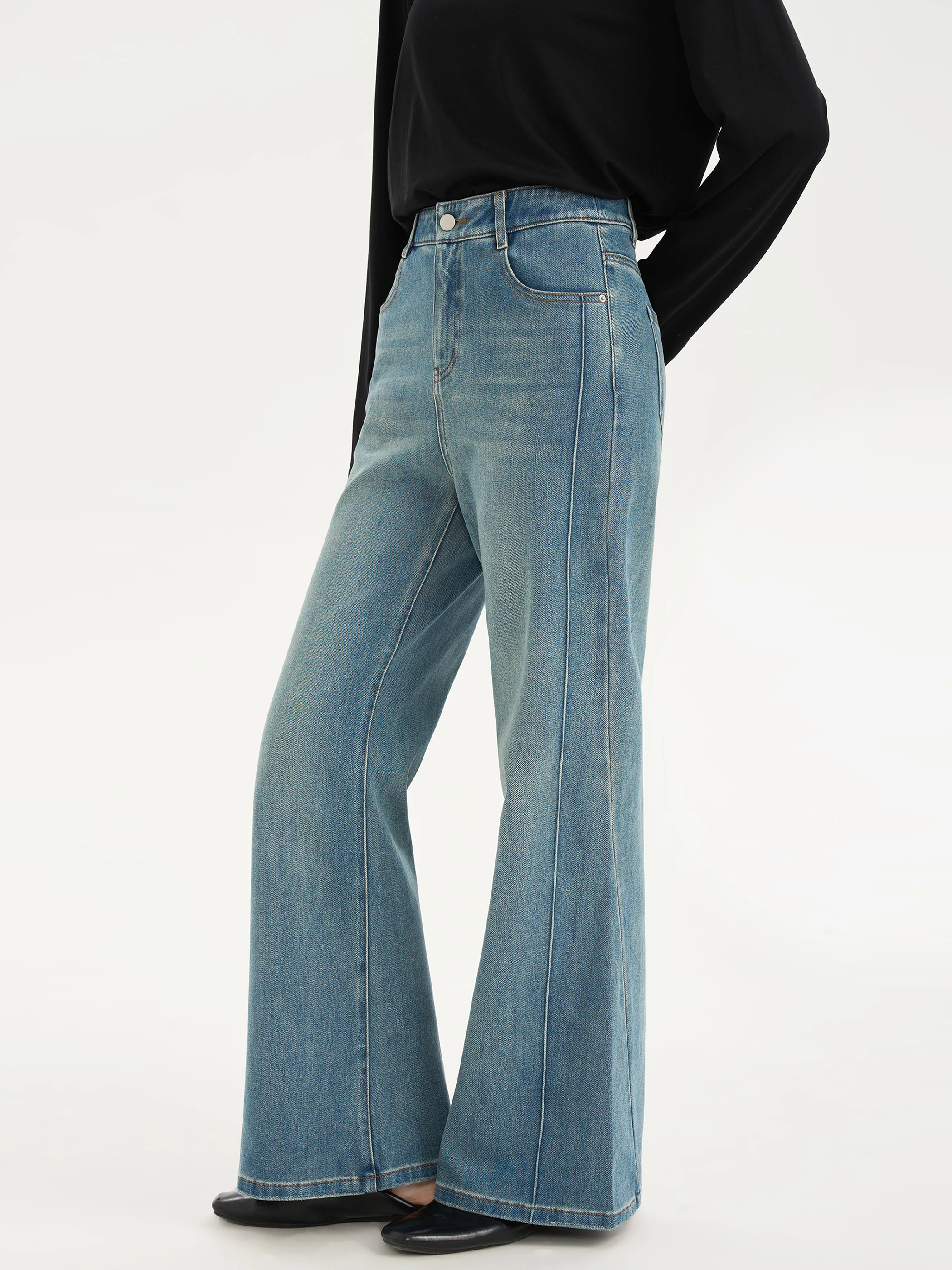 

High Waist Flared Jeans Women's Loose Wide Leg Straight Cut Trousers Spring New Arrival Casual Cotton Color Pockets