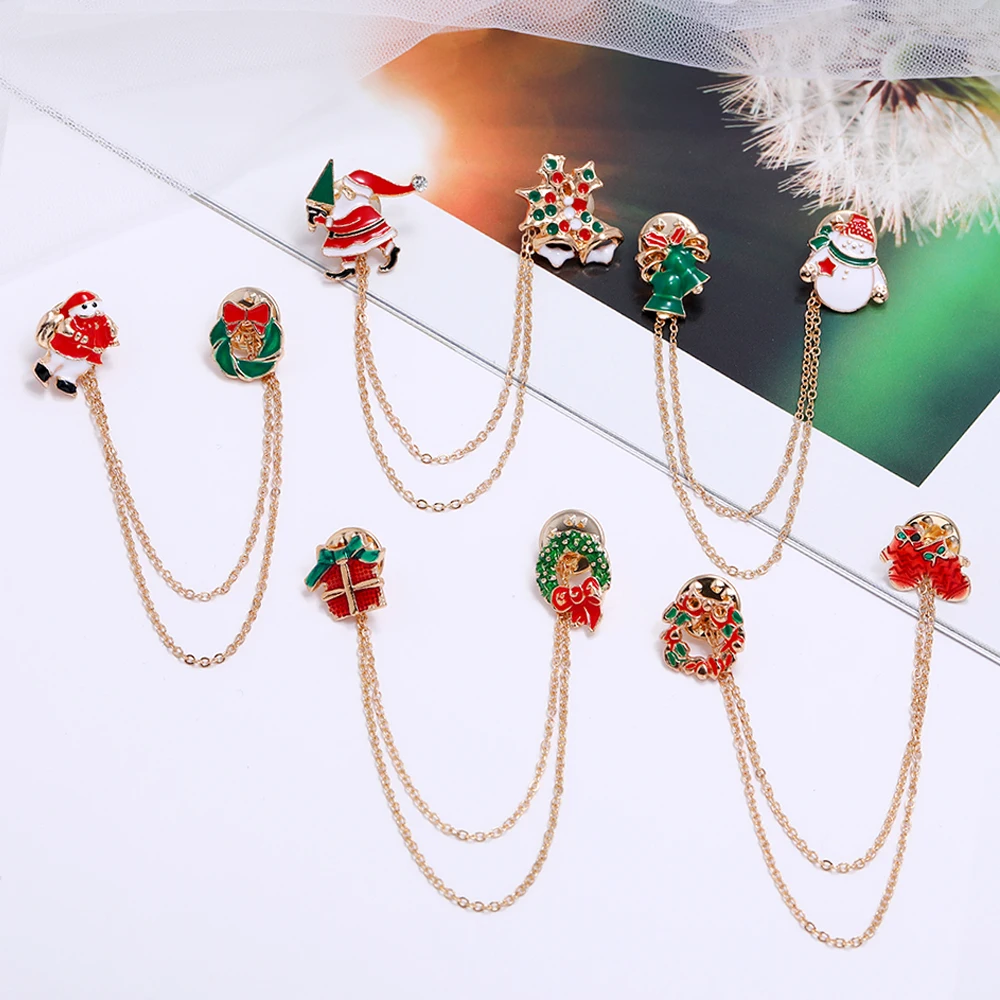 Christmas style Brooches Santa Claus gloves Bells Donuts Candy snowman Enamel Pin Metal Chain Badges Brooch For Women Jewelry