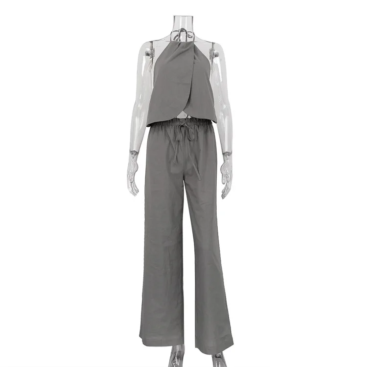 2024 sommer Halfter Ärmelloses Tank Top Mit Hoher Taille Breite Hosen Set Sexy Lose Grau Baumwolle 2 Stück Sets Frauen Outfit