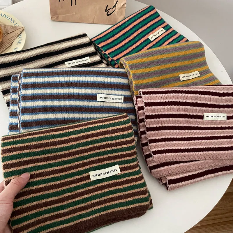 Unisex Scarves New Korean Striped Harajuku Autumn Winter Plush Thicked Warm Scarf For Couple Kawaii Cute Versatile Preppy Style