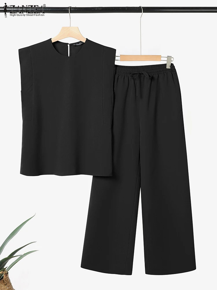 

ZANZEA Plus Size Sets Fashion Women Sleeveless Top Wide Leg Long Pants Streetwear Casual Solid Pant Set Elegant 2 Piece Outfits