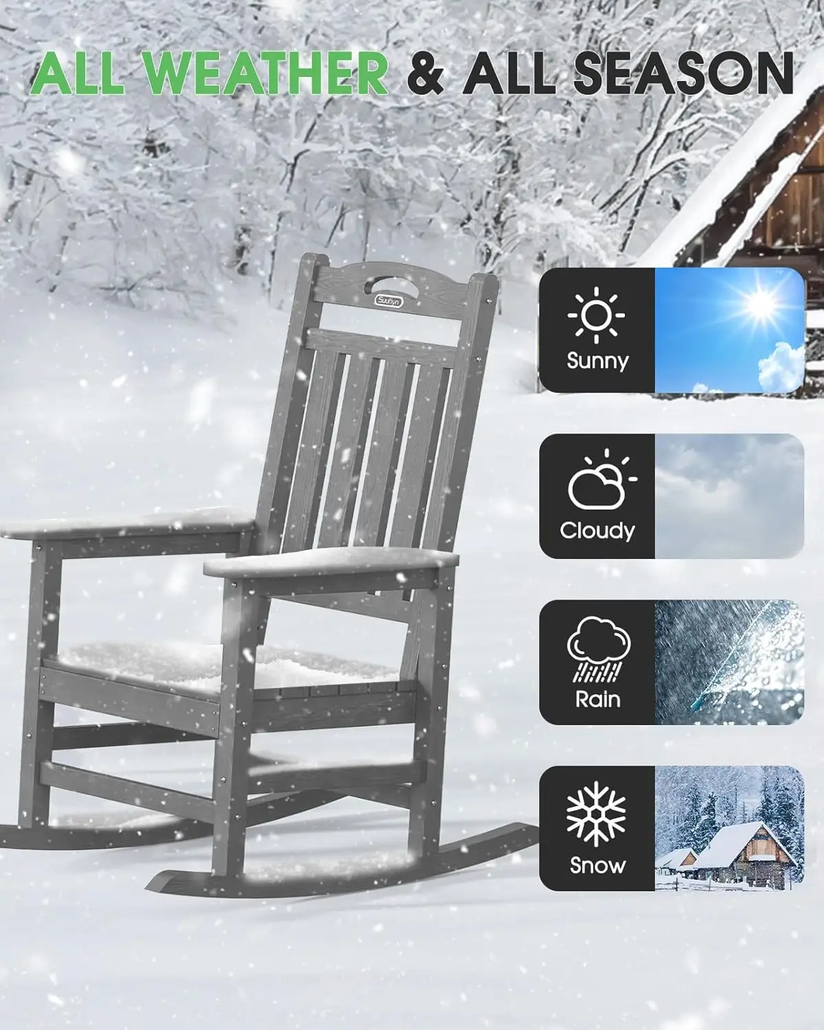 Outdoor Rocking Chair, High Back Porch Rocker Chair, HDPE All Weather Resistant Rocking Chairs for Patio, 380lbs Weight Capacity