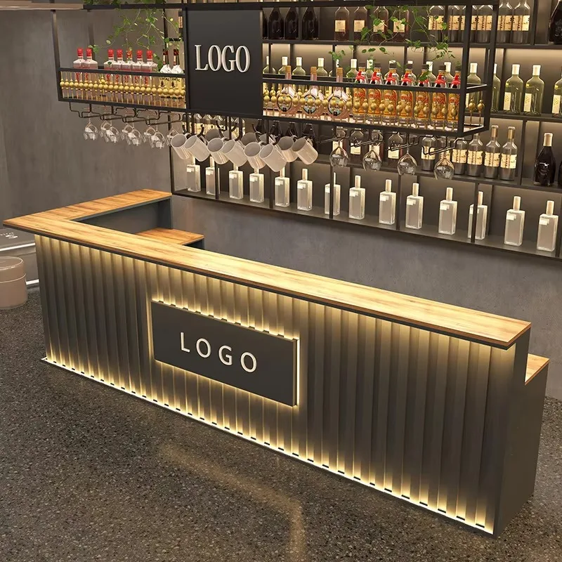Custom Wooden Gold Bar Furniture Set, LED L-shaped Cocktail Counter Coffee Service Table