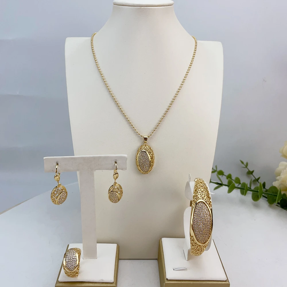 

African Fashion Jewelry Sets for Women Water Drop Necklace Bracelet Earrings Ring Charm Party Accessories FHK23880