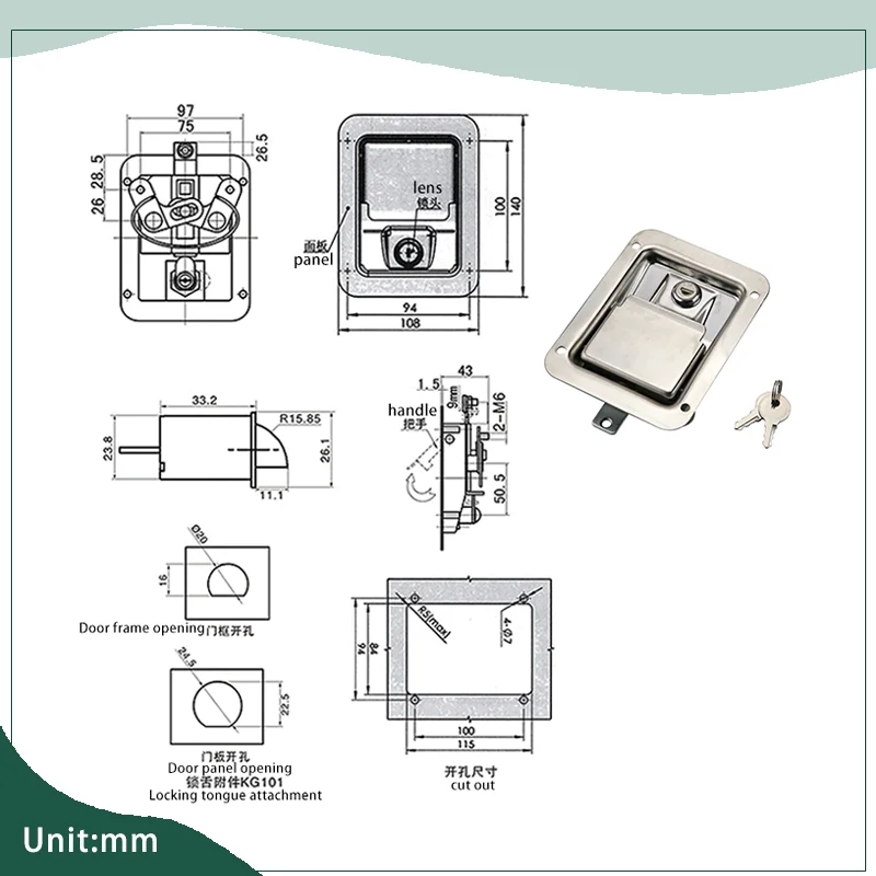 Cerradura de panel cuadrado de acero inoxidable 304, adecuada para puertas de cajas de distribución industriales y camiones tipo caja de vehículos recreativos de alta resistencia