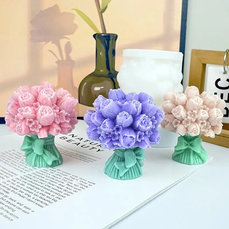 DIY 3D Rose Bouquet Candle Silicone Mold with Chrysanthemum Flower Cluster for Home Aromatherapy and Handmade Soap Crafts