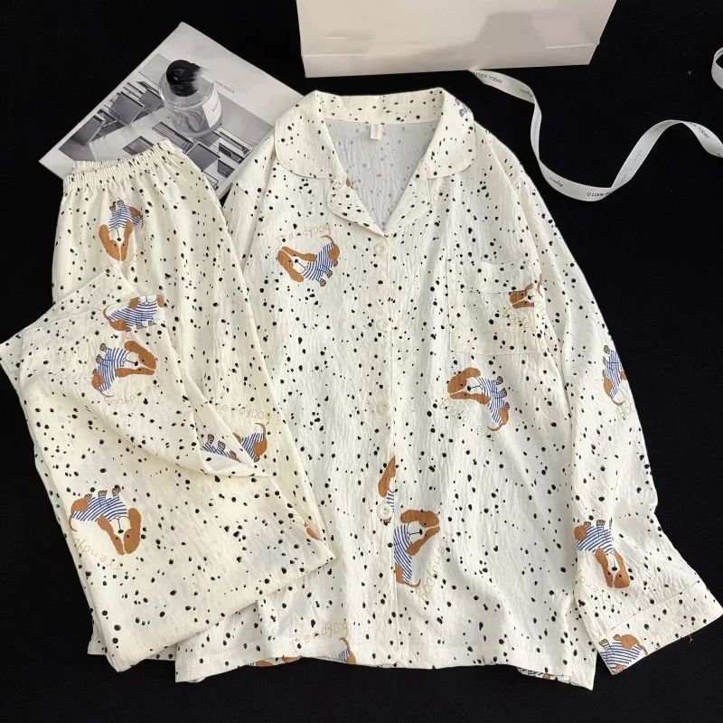 

2pc Women's Pajamas Korean Style Casual Homewear Pajamas Set Women Sweet Cute Big Ear Dog Print Outside Long Sleepwear Autumn