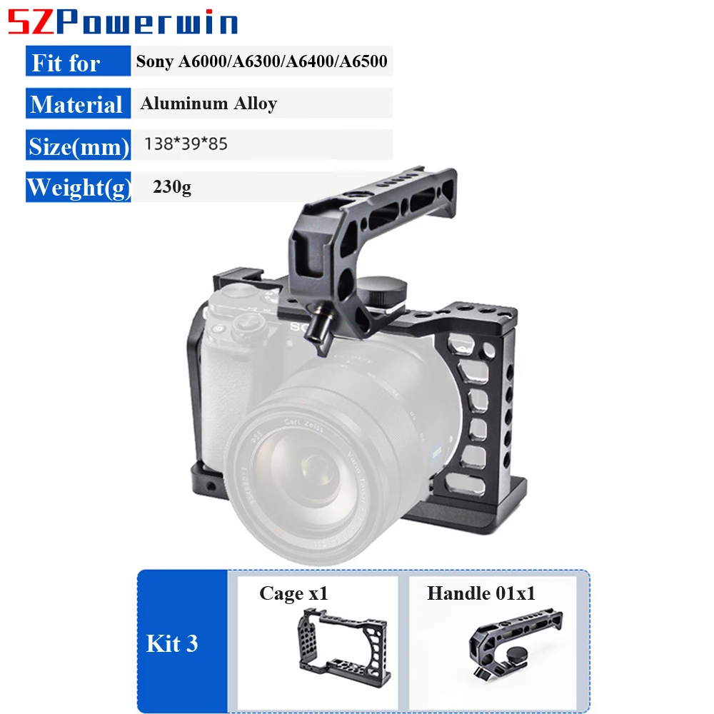 Powerwin Camera Cage For Sony A6500 A6400 A6300 A6000 with wooden Handle Kit Aluminum Alloy Multifunctional Arri Locating Screw