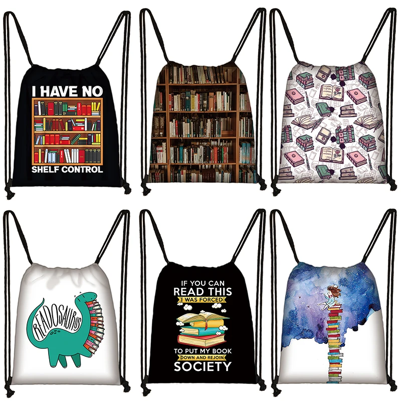 

Librarian Books Lover Print Backpack Women Drawstring Bags I Have No Shelf Control Storage Bag for Travel Teenager Bookbags Gift