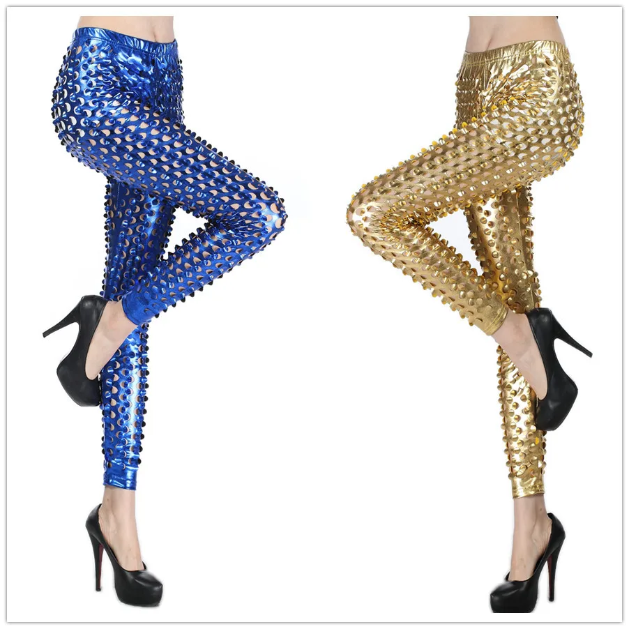 Pantaloni corti in pelle metallizzata Capispalla da donna Pantaloni lunghi dimagranti sexy con foro a nove pezzi Casual a vita media in poliestere