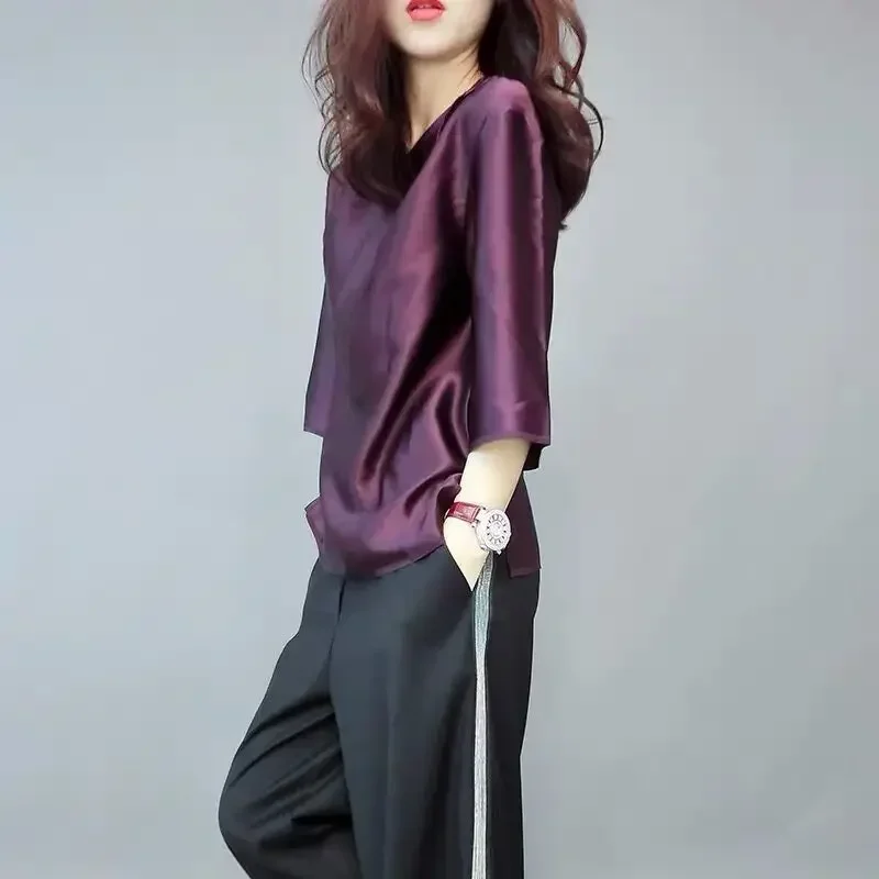 Elegant O-Neck Solid Color 3/4 Sleeve Oversized Satin Blouse 2022 Spring and Summer New Casual Tops Loose Office Lady Shirt