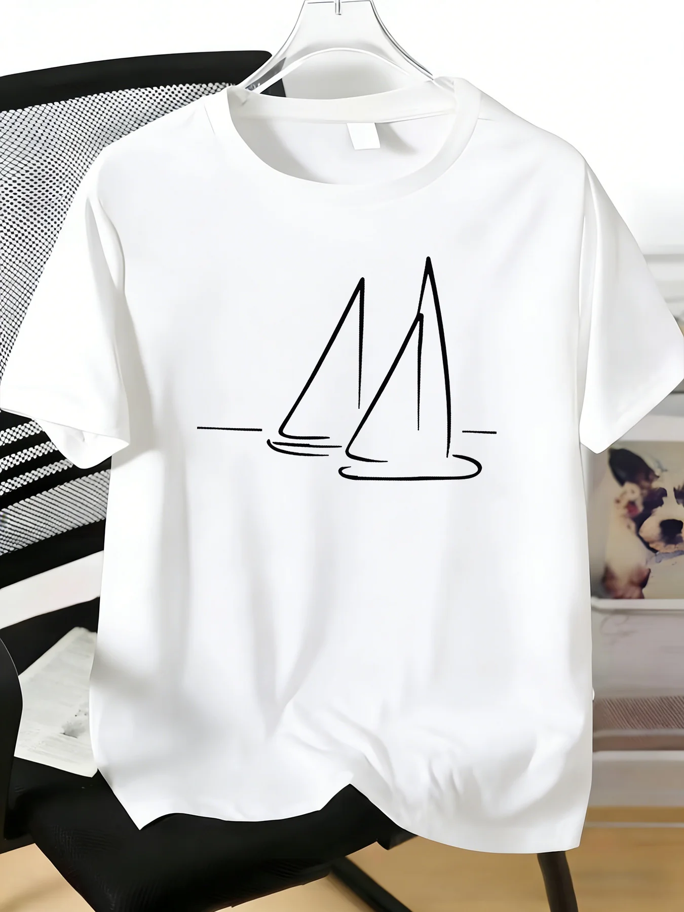 Sailboat Line Art Print Mens White Tee Crew Neck Top For Sea Sailing Fans Male Cotton Basic Short Sleeve Daily Summer T Shirt