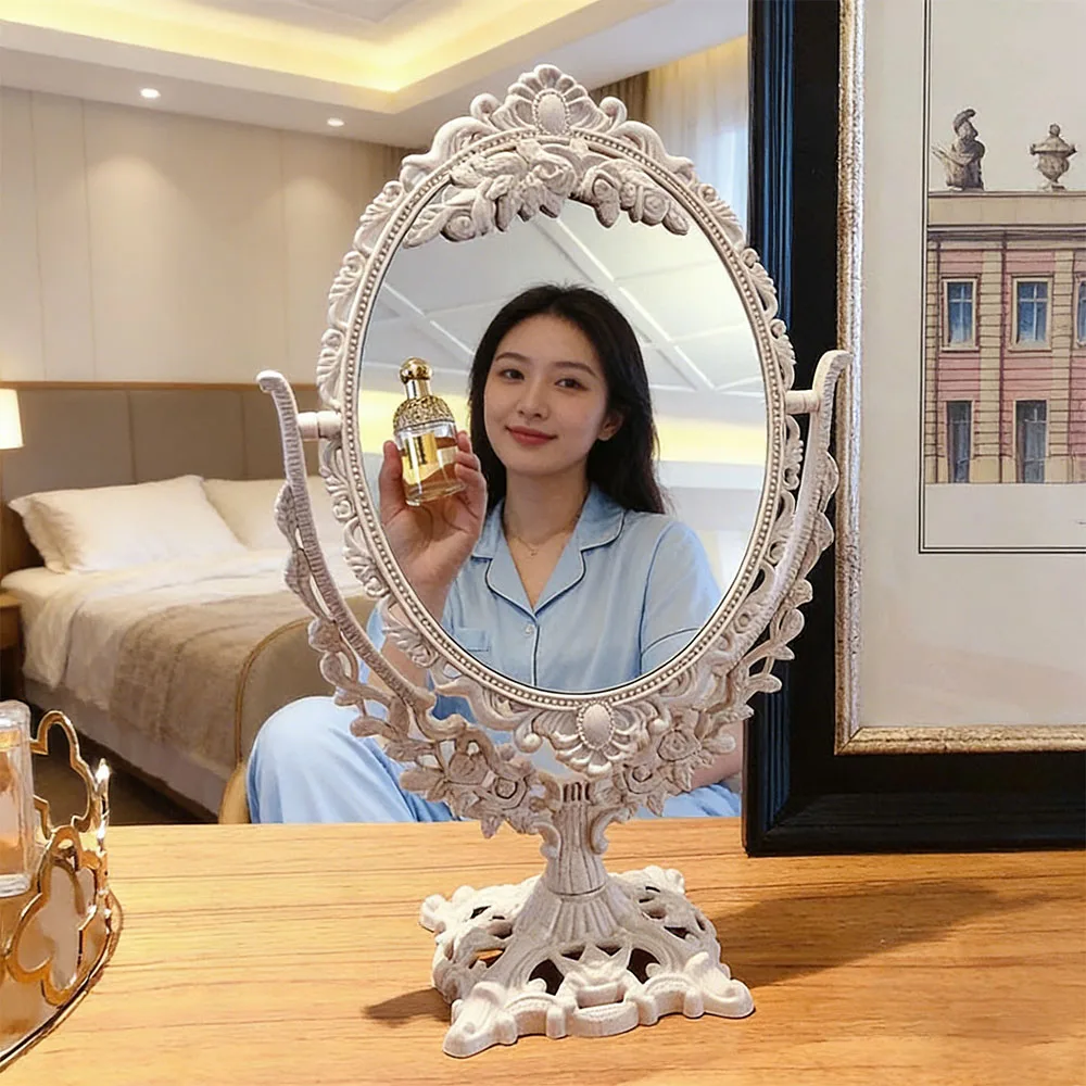 Vintage White Oval Vanity Mirror with Ornate Carved Base Perfect for Makeup & Dressing Table Decor
