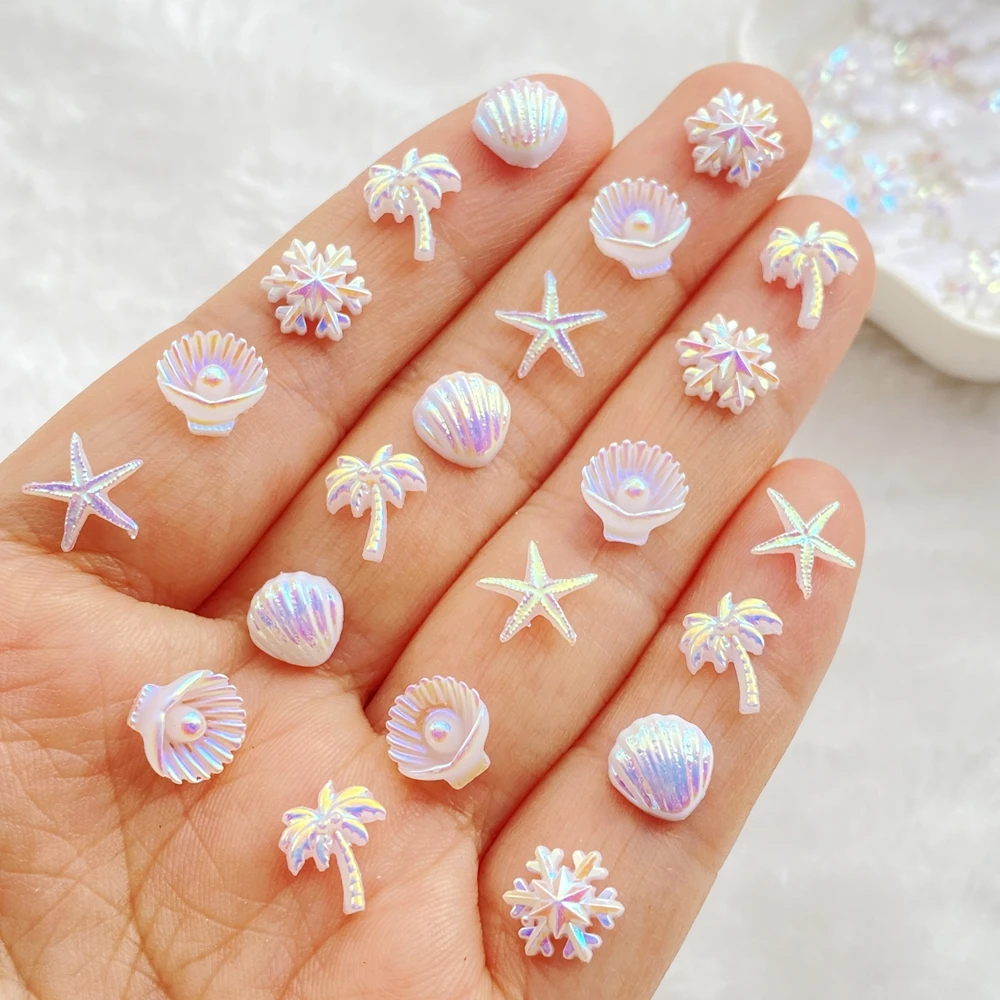 50Pcs Cute Mini AB colored starfish, shells, snowflakes, coconut trees Nail Art Resin Designer Charms DIY 3D Decorations Jewelry