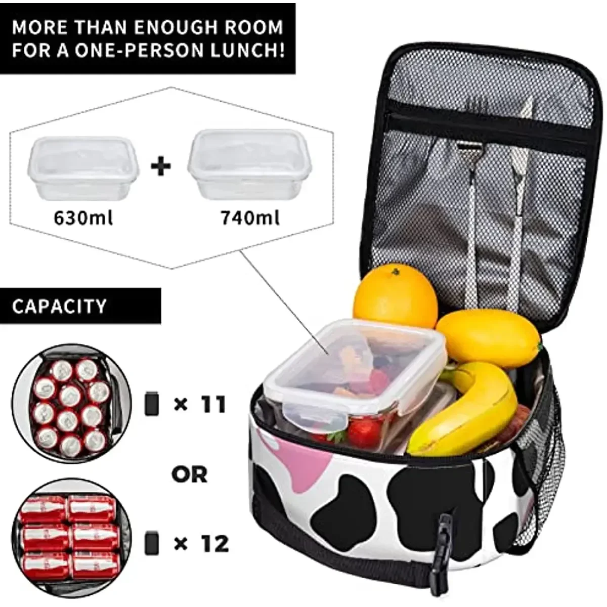 Black White Cow Print Pink Heart Cute Love Portable Lunch Bag Insulated Lunch Box Reusable Cooler Totes for Women Men Adults Kid