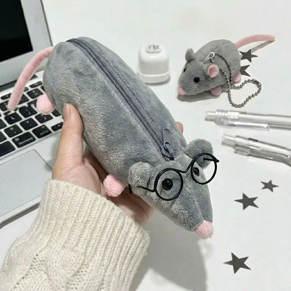 Cute flower branch mouse pencil case, plush toy creative niche student gift, learning stationery storage bag