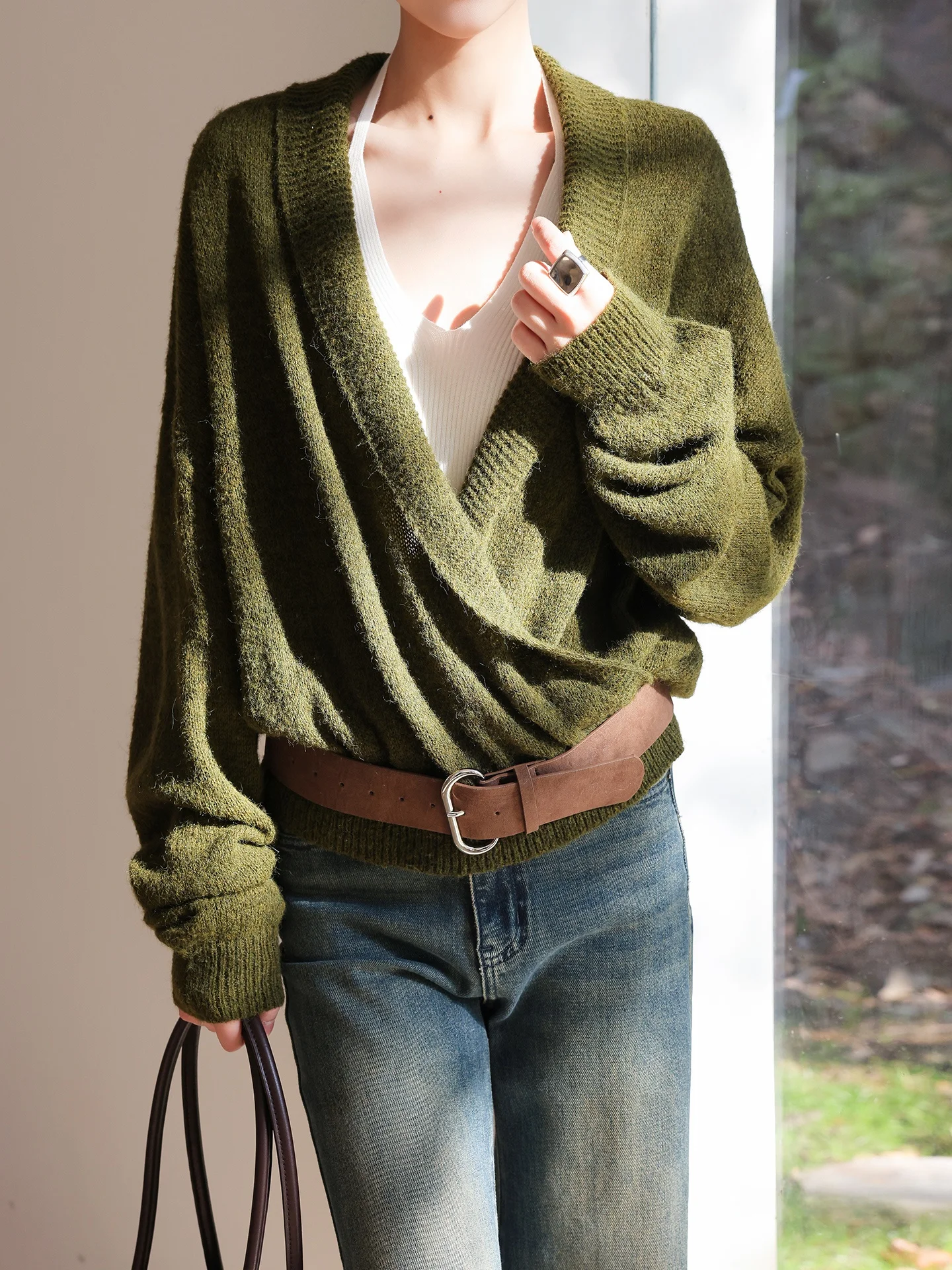 

JWUNIQUE Women's Loose Knitted Top een Collar Long Sve Waist-Cinching Knitwear Premium Feel Bamboo Dew Drop Design