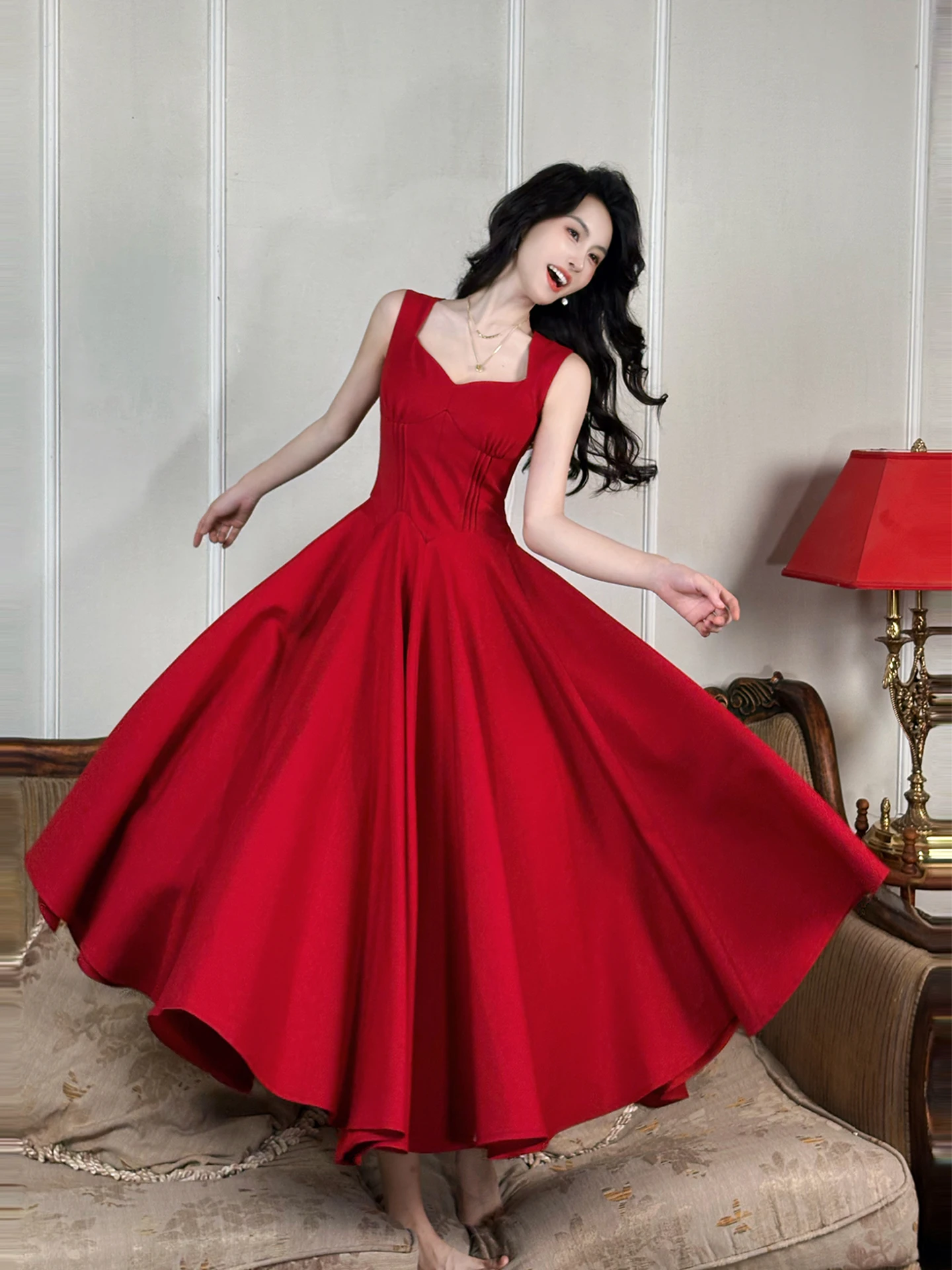 

Ele Red V-Ne Svel Dr Women's Full Skirt Waist Cinched Gown French Sle Pleated High Waist Medium Softn Pol...
