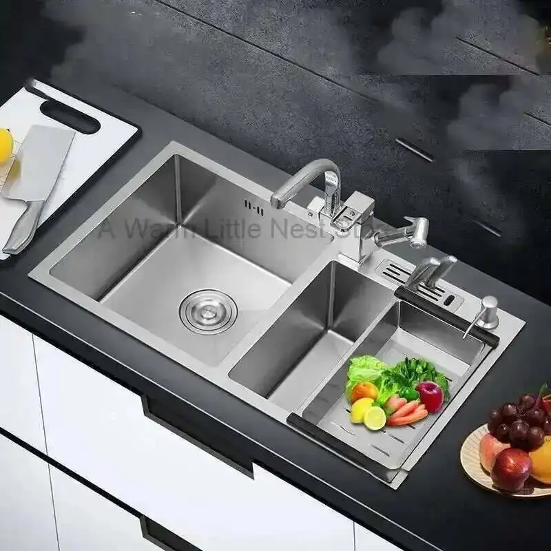 

Steel Sinks Modern Stainless Thickened Kitchen Furniture Household Sink 304 Hand Double Trough Sinks Under Kitchen Sink