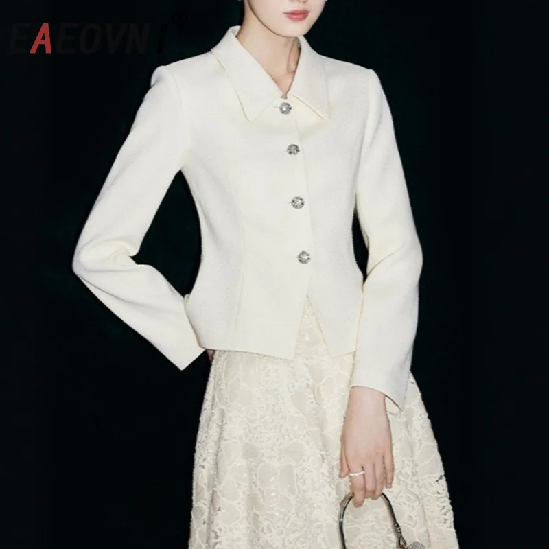 

EAEOVNI Elegant White Short Suit Blazer Women's Lapel Collar Long Sleeve Button Slim Temperament Jacket Coat 2026 New Clothing