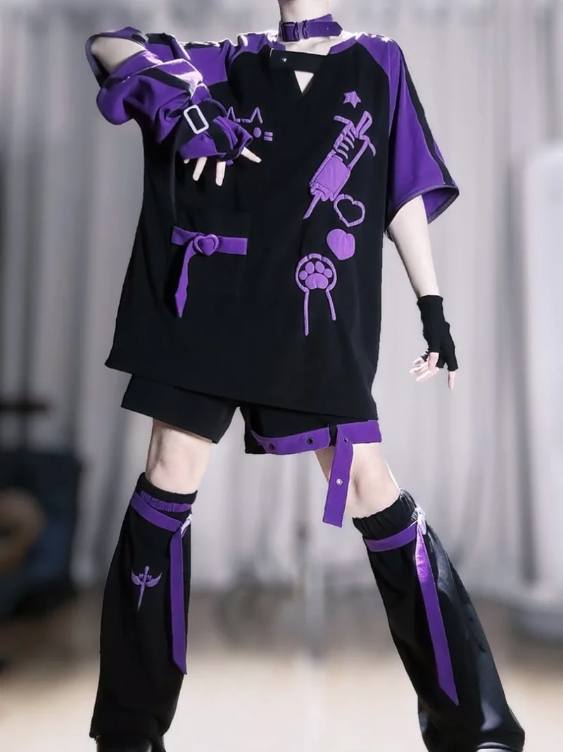 Japanischer Stil Coole Y2k Cosplay Delinquent Girl Abnehmbares T-Shirt Shorts Beinabdeckungen Set Gothic Freizeitkleidung Themenparty-Outfits – Detail 2