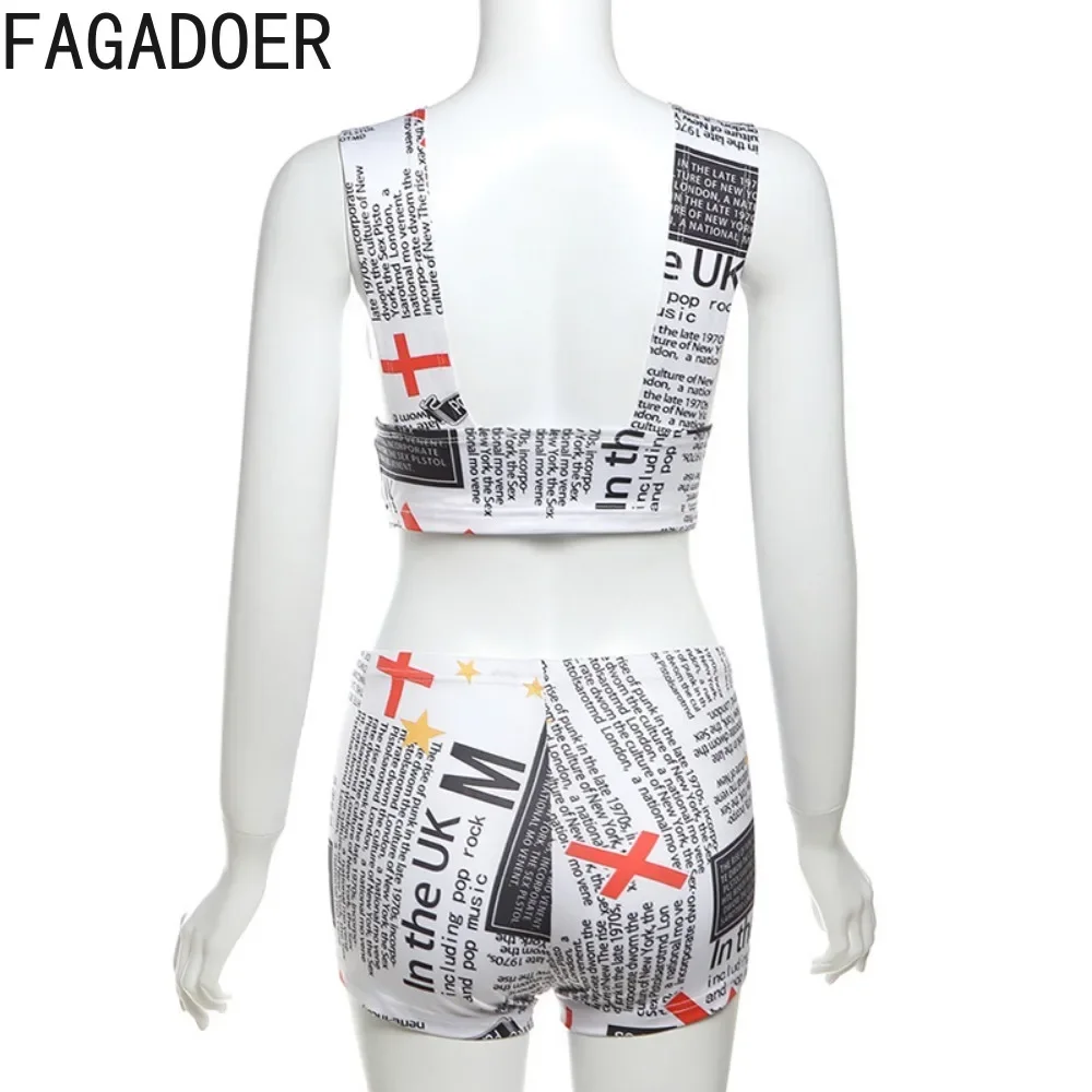 FAGADOER Newspaper Printed Sexy Two Piece Set Women Hipster Low Neck Sleeveless Crop Tops+High Waist Slim Shorts Y2k Streetwear