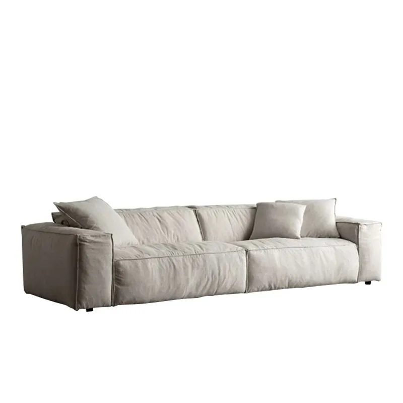 

wabi sandy wind linen three-person fabric sofa, small apartment living room homestay tofu cubes, Nordic cream high-end sense